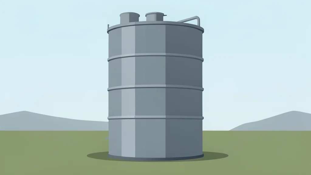 A large cylindrical steel storage tank standing in an open field