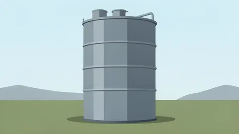 A large cylindrical steel storage tank standing in an open field