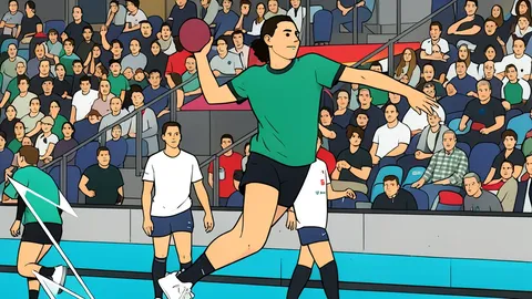 A flat vector illustration of a handball goal with red posts and a white net, viewed from a low angle.