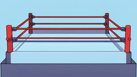 A professional wrestling ring with red ropes and turnbuckles under dramatic spotlight.