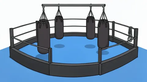 A martial arts training ring with heavy punching bags and protective gear