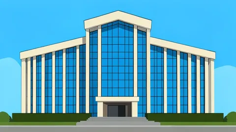 A flat vector illustration of the United Nations headquarters glass facade in New York, featuring a calm sky and minimal geometric details.