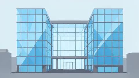 A modern corporate headquarters building with a glass facade and a large atrium