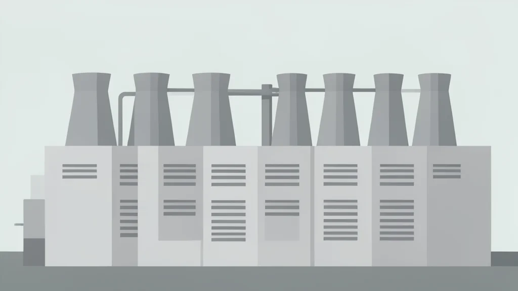 A large industrial data center building with rows of cooling towers and ventilation units