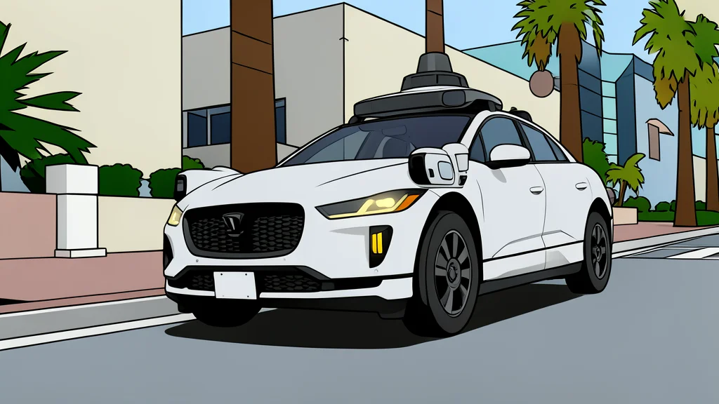 A white autonomous vehicle with roof sensors parked near a bus shelter on a city street.