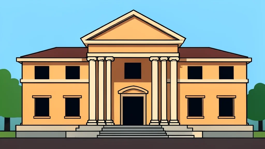 A stylized vector illustration of a Sri Lankan court building facade with a distinct roofline and columns.