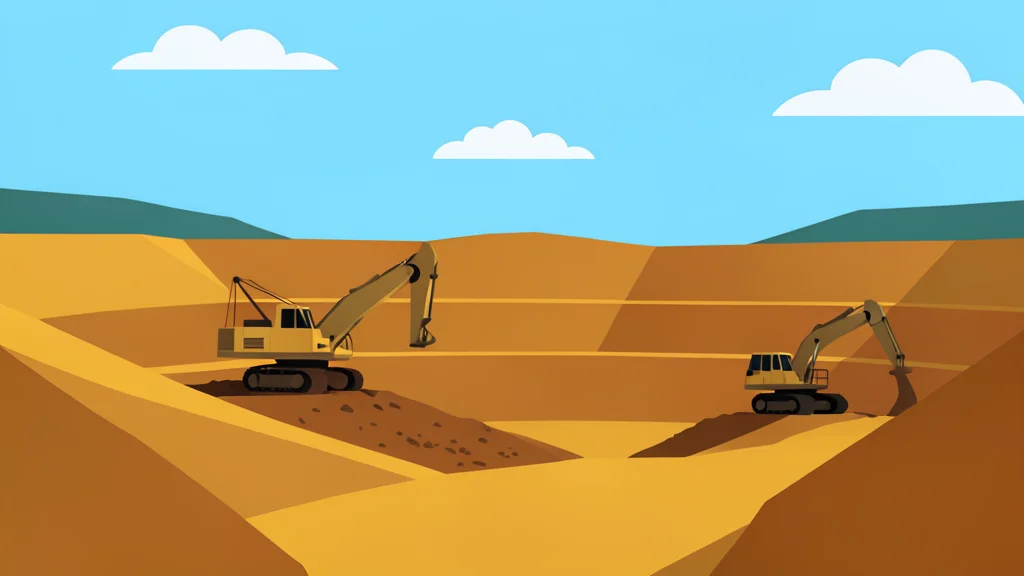 An open-pit gold mine featuring terraced earth walls and heavy mining equipment under a clear sky.