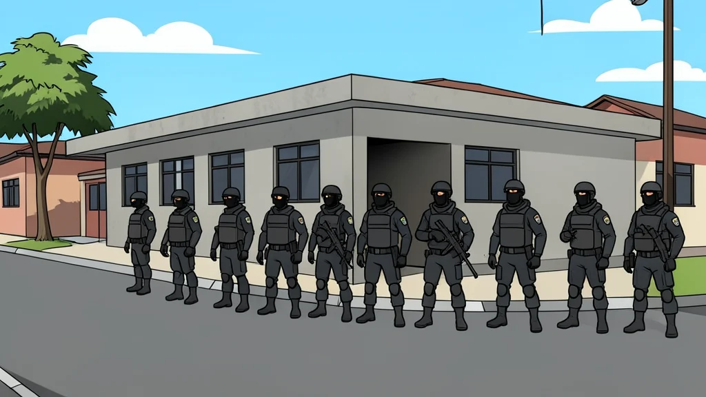 A paved city street in Kinshasa with a line of police officers in riot gear standing in front of a low concrete government building