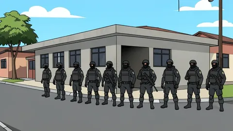 A paved city street in Kinshasa with a line of police officers in riot gear standing in front of a low concrete government building