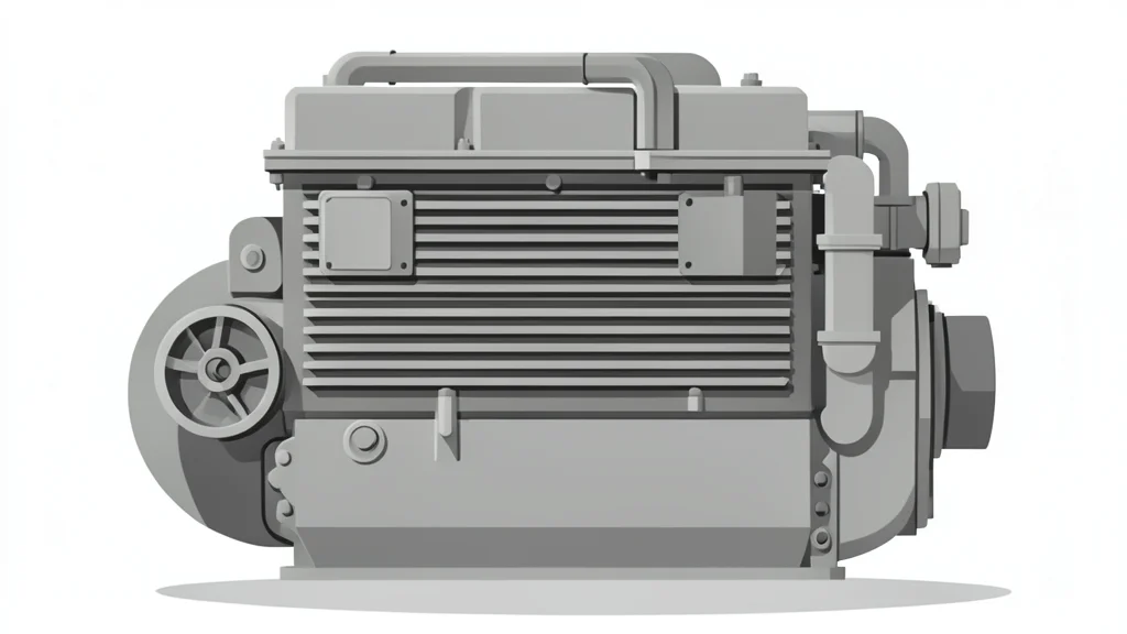 A large industrial gas engine block with visible cooling fins and exhaust piping