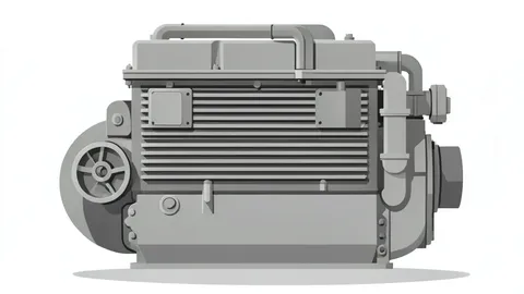 A large industrial gas engine block with visible cooling fins and exhaust piping