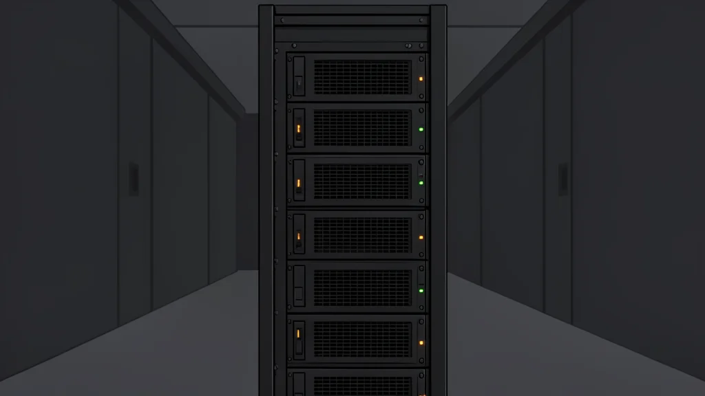 A stylized server rack in a data center with glowing indicator lights