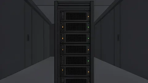 A stylized server rack in a data center with glowing indicator lights