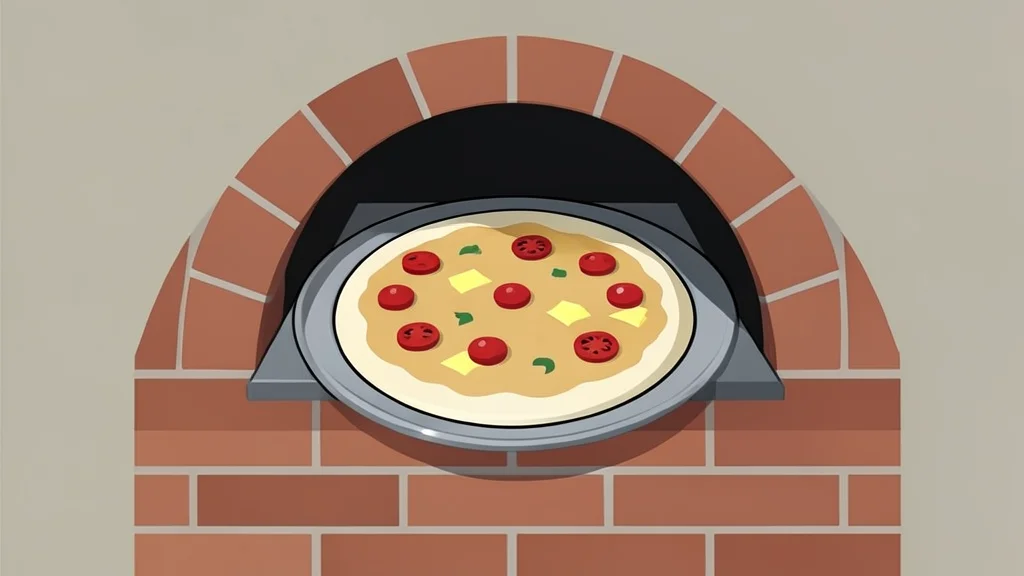 A flat-vector illustration of a pizza oven with a tray of dough and toppings