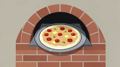 A flat-vector illustration of a pizza oven with a tray of dough and toppings