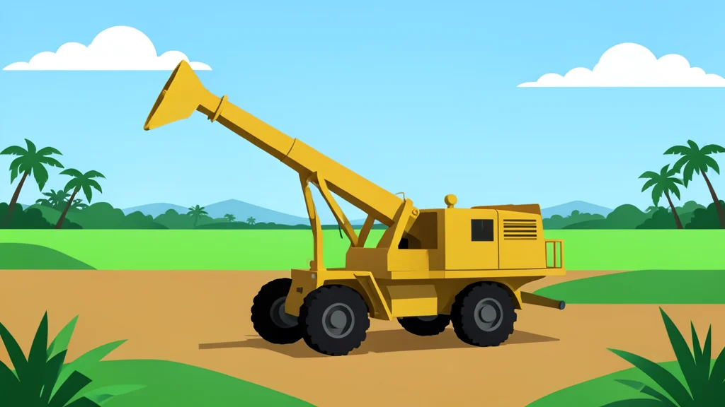 A gold mining drill rig standing on open farmland in a tropical landscape