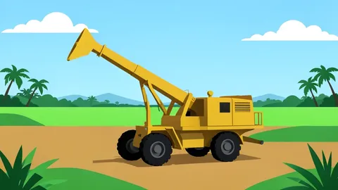 A gold mining drill rig standing on open farmland in a tropical landscape