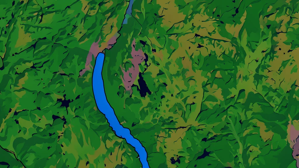 A circular geological depression in a rugged, swampy landscape with exposed rock outcrops