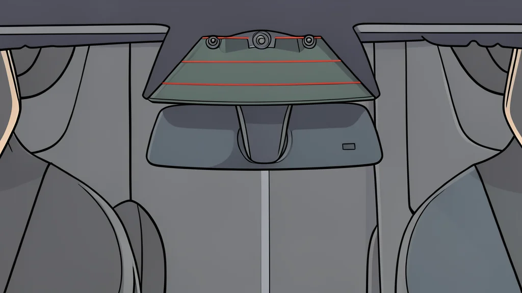A close-up vector illustration of a car's front windshield with a small camera module mounted behind it, reflecting a bright blue sky.