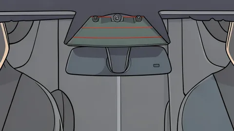 A close-up vector illustration of a car's front windshield with a small camera module mounted behind it, reflecting a bright blue sky.