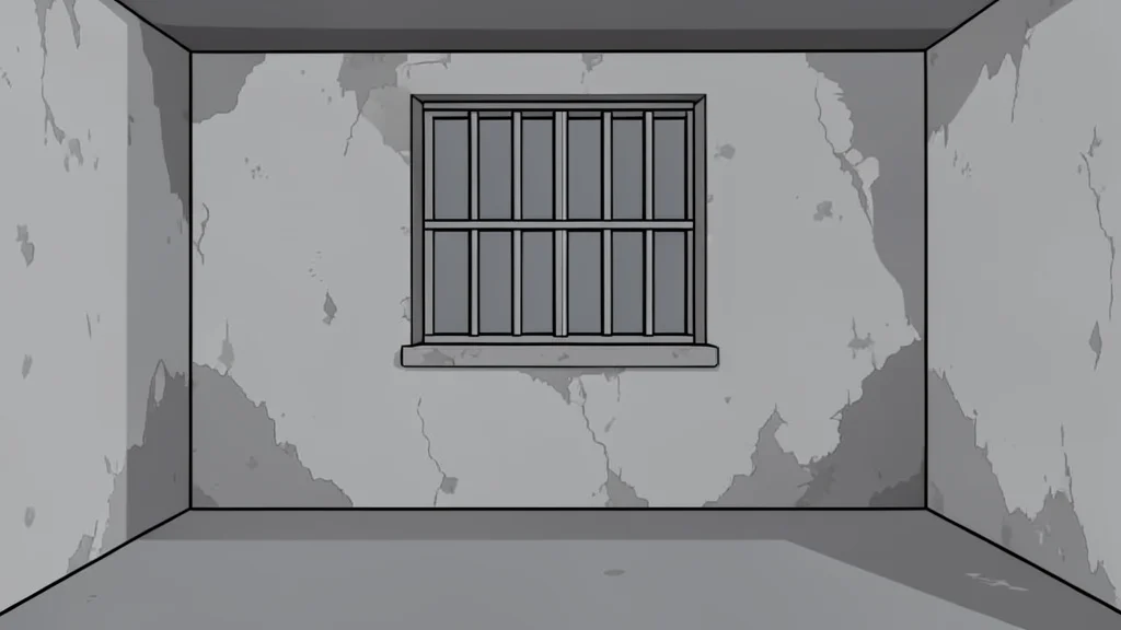 A weathered prison cell interior featuring a barred window and a stark concrete floor, rendered in a flat vector style.