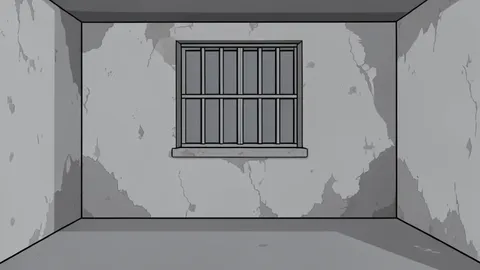 A weathered prison cell interior featuring a barred window and a stark concrete floor, rendered in a flat vector style.