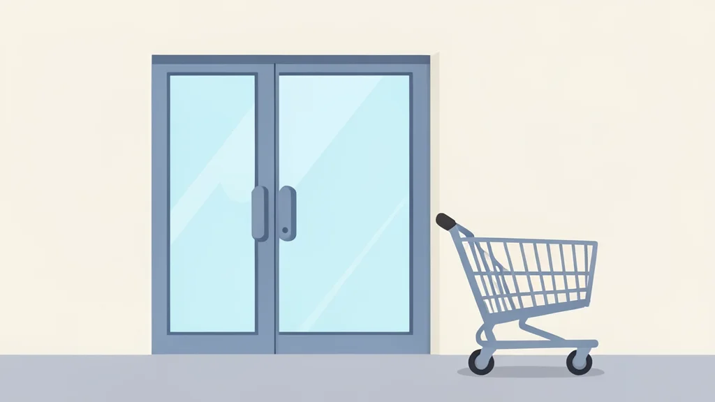 A retail store entrance with a glass door and a shopping cart parked outside