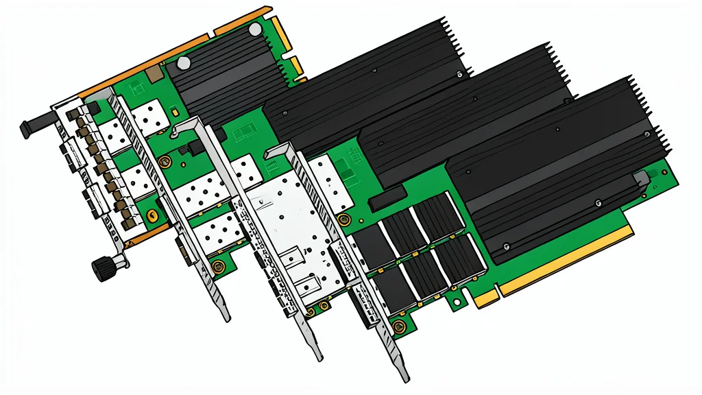 A flat-vector illustration of a high-speed network interface card with multiple ports and a PCIe connector.