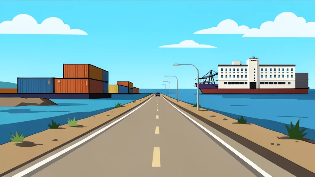 A dusty coastal road leading to a port city with shipping containers and a hospital building in the distance