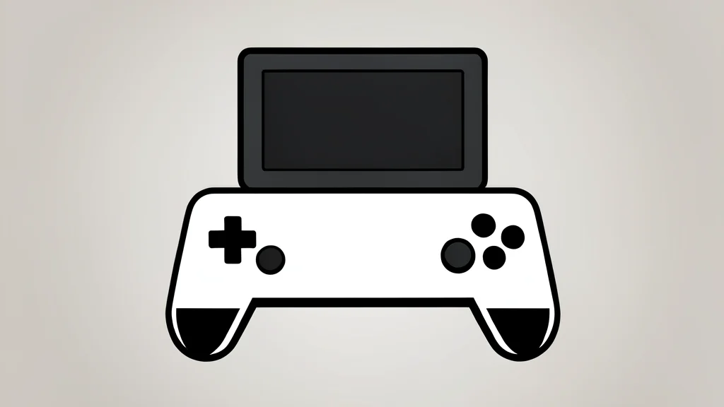 A flat-vector illustration of a white and black handheld gaming console with a detachable screen and attached controllers, set against a neutral background.