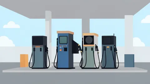 A row of fuel pumps at a gas station