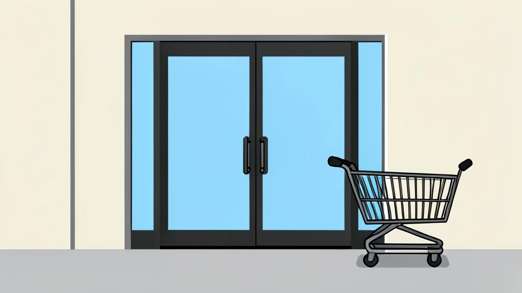 A glass storefront door with a shopping cart parked outside.