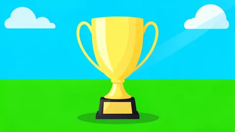 A golden football trophy cup resting on a vibrant green grass pitch under bright sunlight.