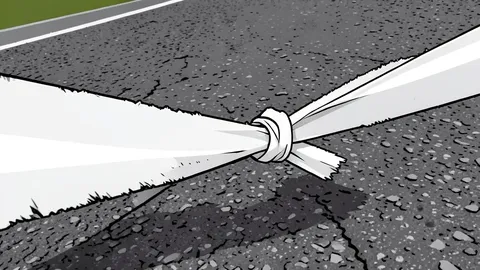 A paved road winding through a coastal landscape with a finish line tape