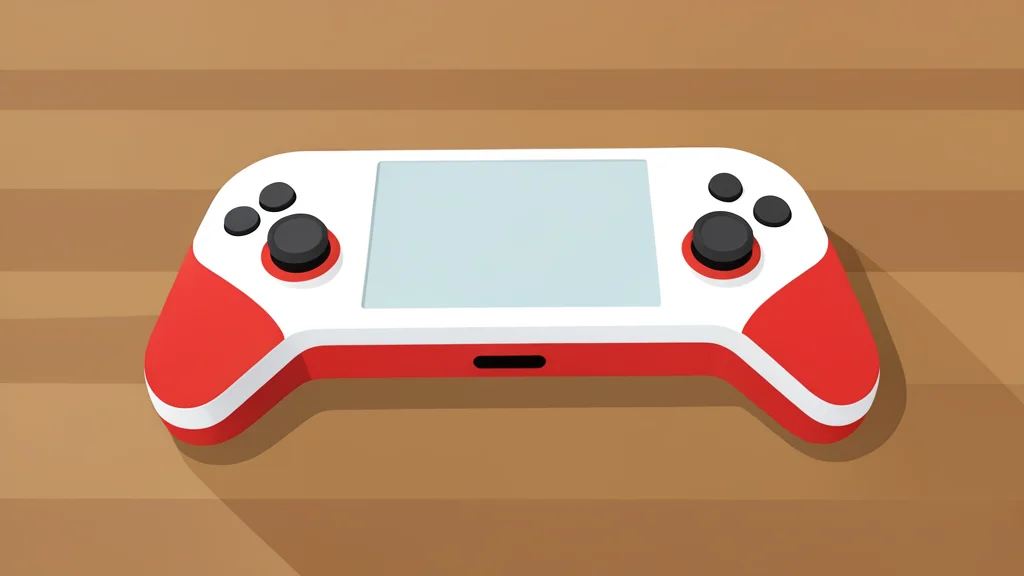 A white and red handheld gaming console with detachable side controllers resting on a wooden table