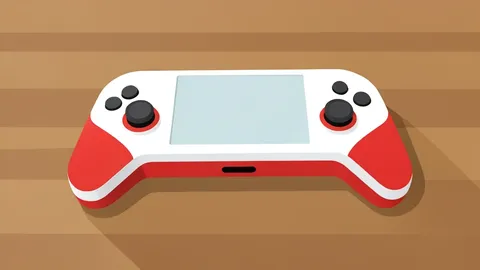 A white and red handheld gaming console with detachable side controllers resting on a wooden table