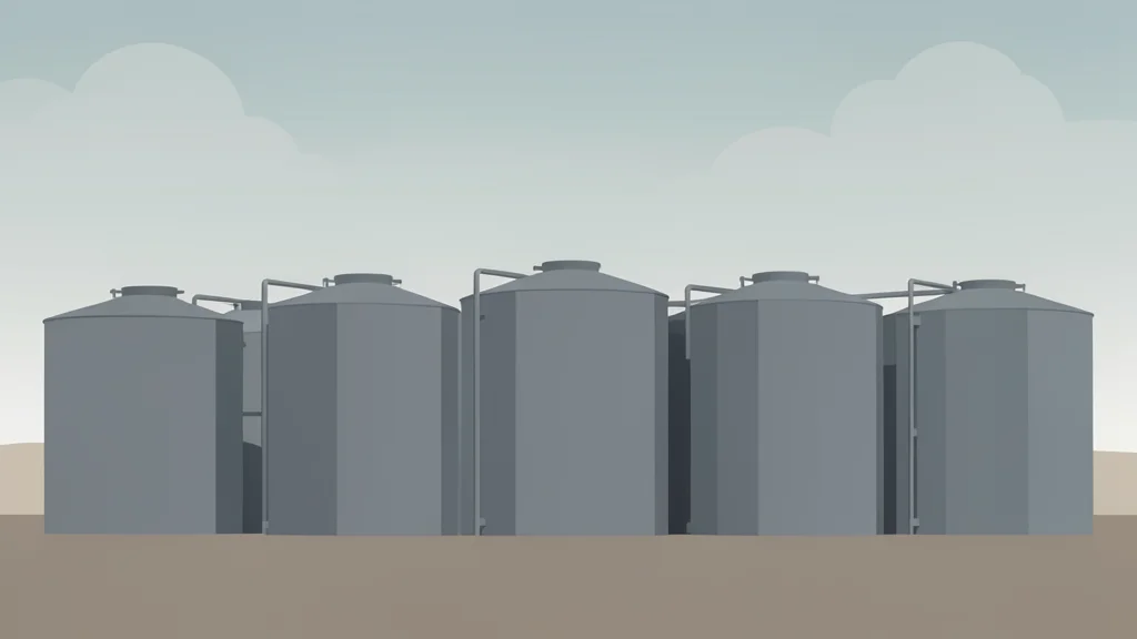 A row of large, cylindrical steel storage tanks standing in an open industrial landscape under a hazy sky