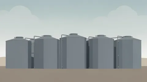 A row of large, cylindrical steel storage tanks standing in an open industrial landscape under a hazy sky