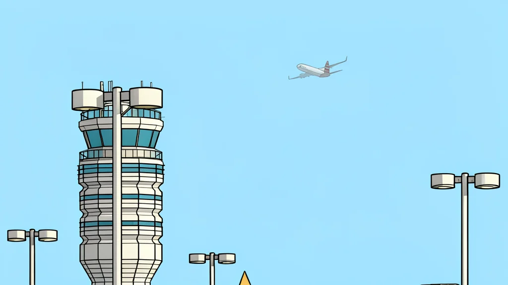 A stylized control tower overlooking a runway with airplanes taking off