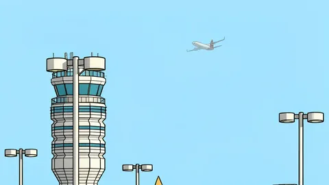 A stylized control tower overlooking a runway with airplanes taking off