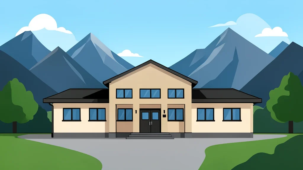 A flat-vector illustration of a military headquarters building situated in a rugged mountainous landscape.