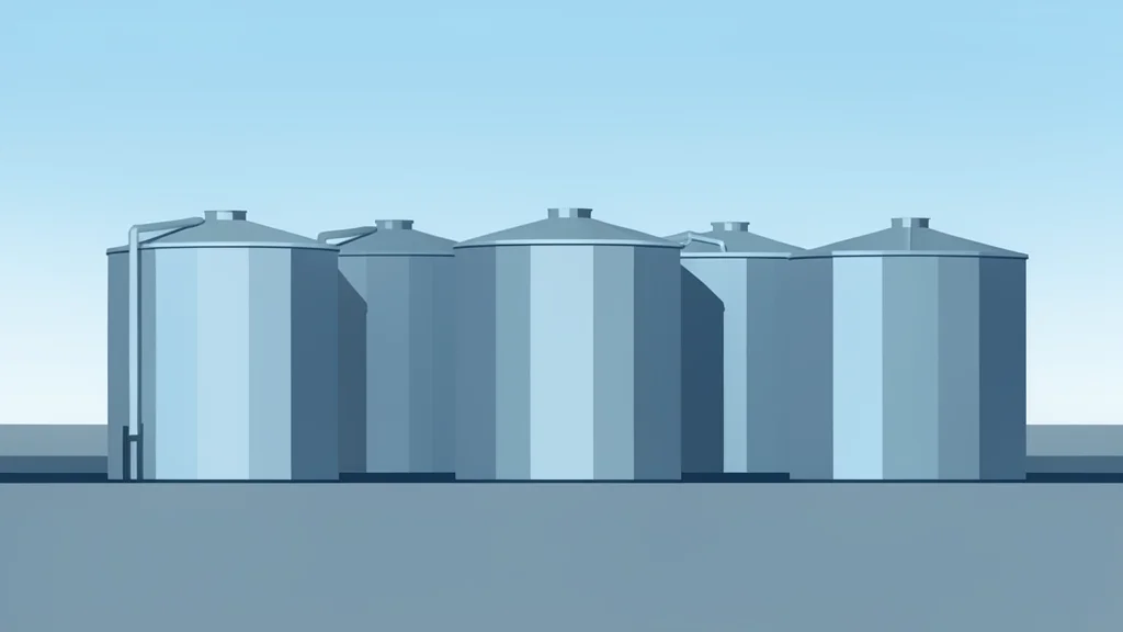 A row of large, cylindrical steel storage tanks standing in an open industrial landscape.