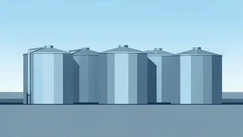 A row of large, cylindrical steel storage tanks standing in an open industrial landscape.