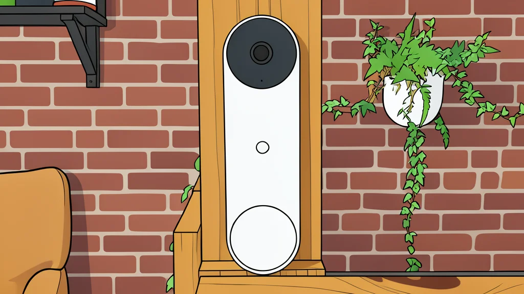 A white rectangular smart doorbell camera mounted on a wooden door frame.