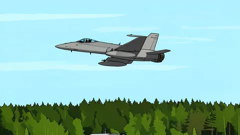 A military fighter jet flying low over a flat, green Baltic landscape with scattered pine trees