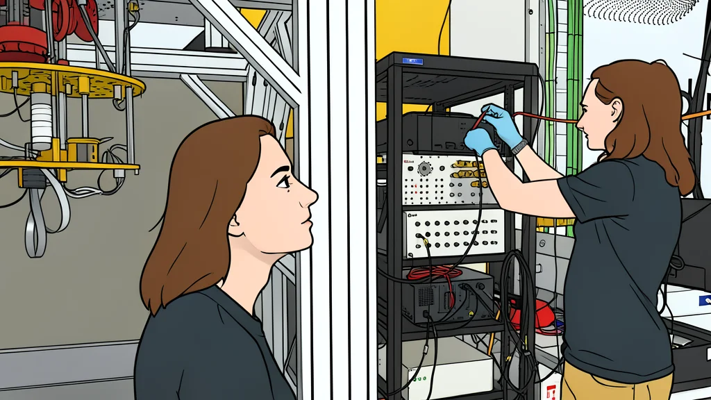 A cryogenic refrigerator unit standing in a laboratory, connected by thick cables to a rack of server towers