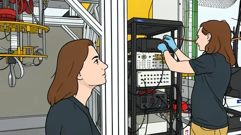 A cryogenic refrigerator unit standing in a laboratory, connected by thick cables to a rack of server towers