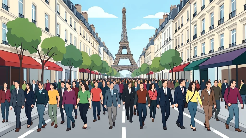 A flat-vector illustration of a paved city street in Paris with a crowd of people marching.