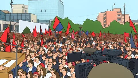 A large public square filled with a dense crowd of people holding blank placards in a flat vector style.