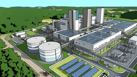 A large industrial gas turbine engine and steam turbine assembly inside a power plant facility